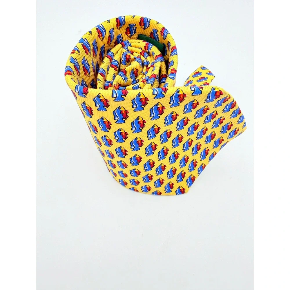 Lauren Ralph‎ Lauren Mens Silk Tie Yellow Tropical Fish Pattern Hand Finished